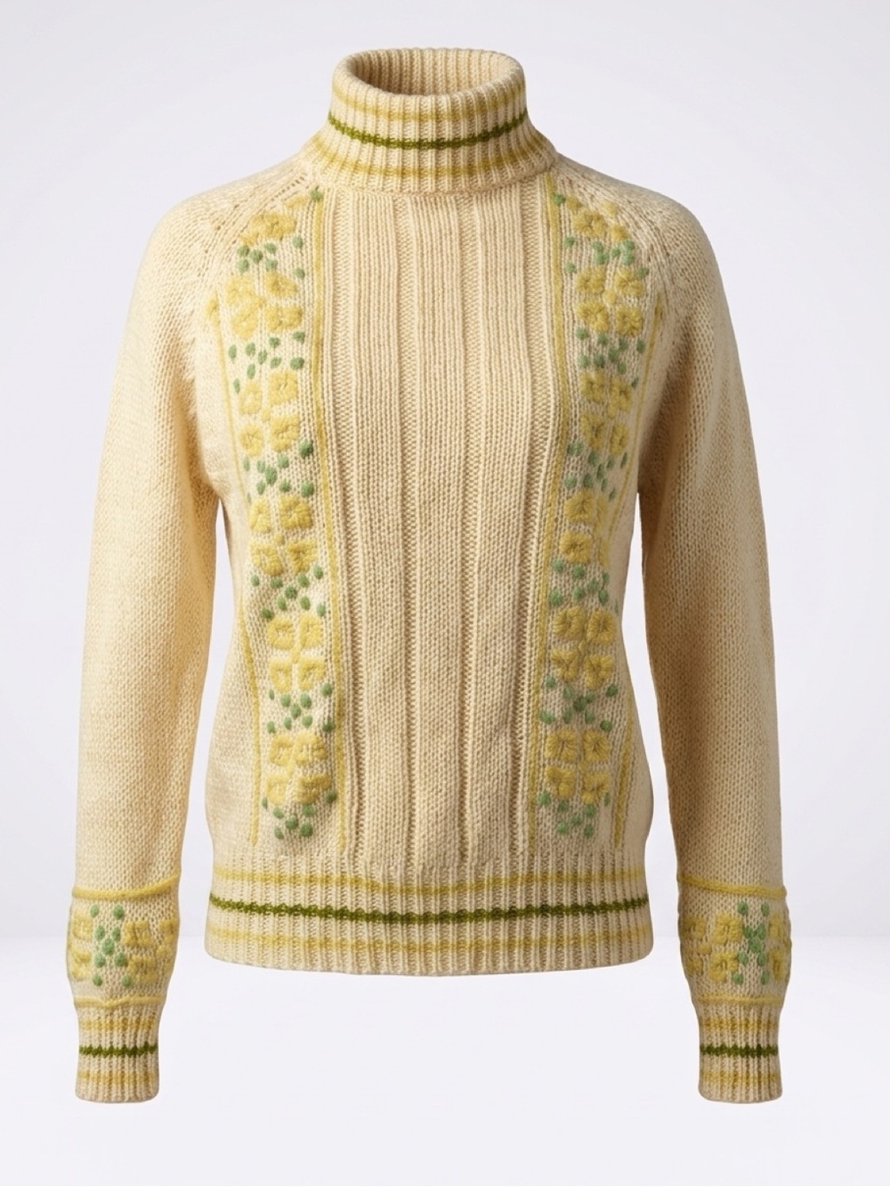 Tami vintage wool sweater, zip back, floral embroidery,beige/yellow/green, euc